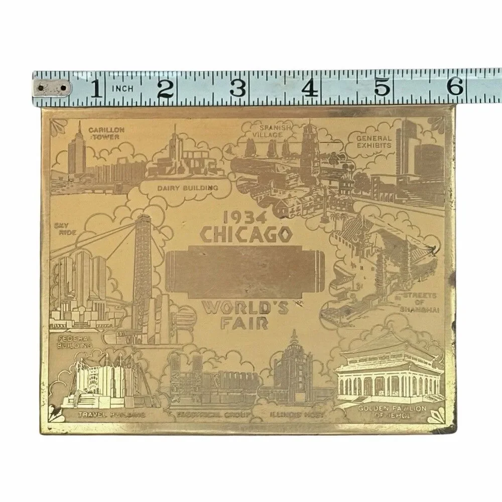 1934 Chicago Worlds Fair Etched Brass Souvenir Plate Century Of Progress 5”x4”